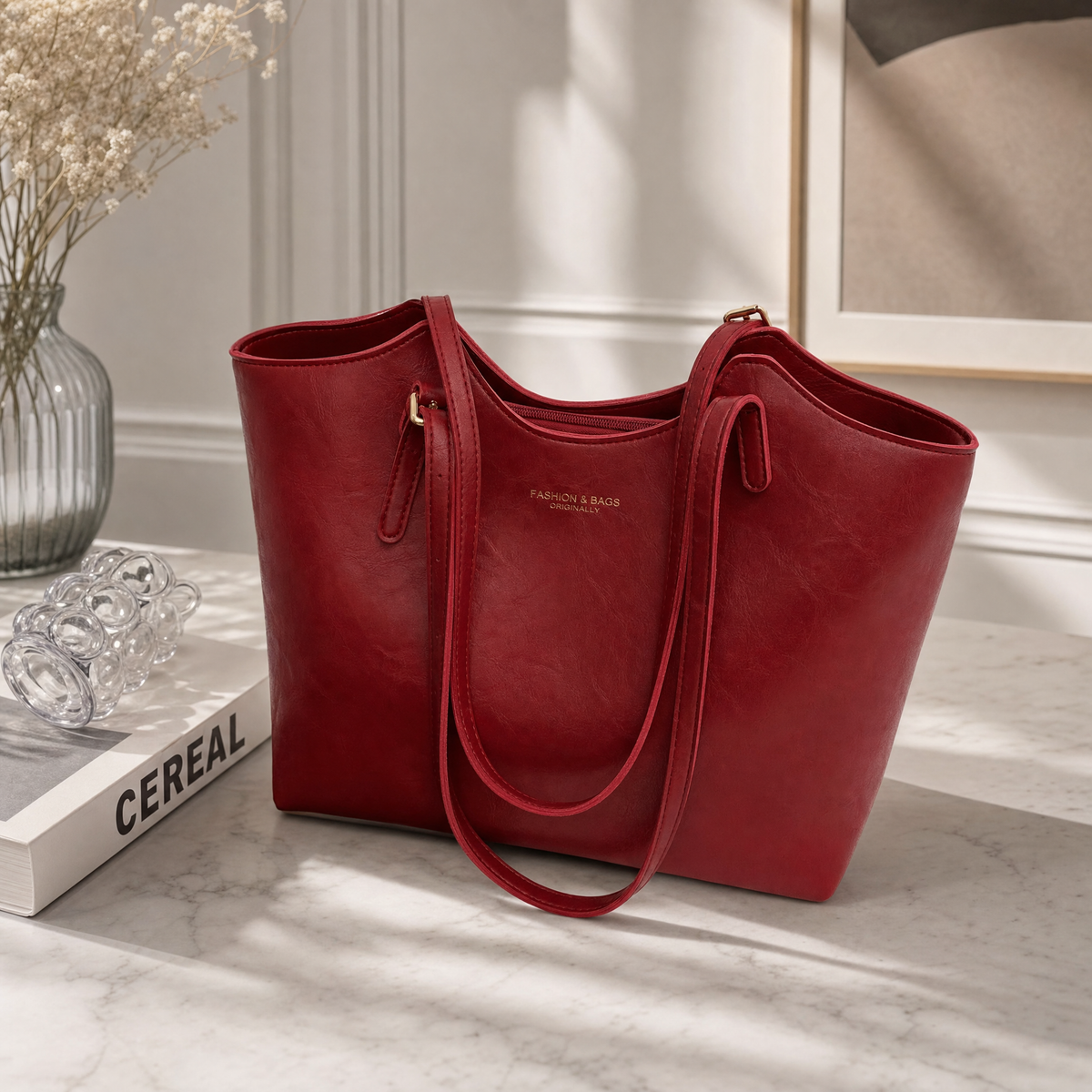 Sac À Main En Cuir Rouge Avec Pendentif Peluche Lapin